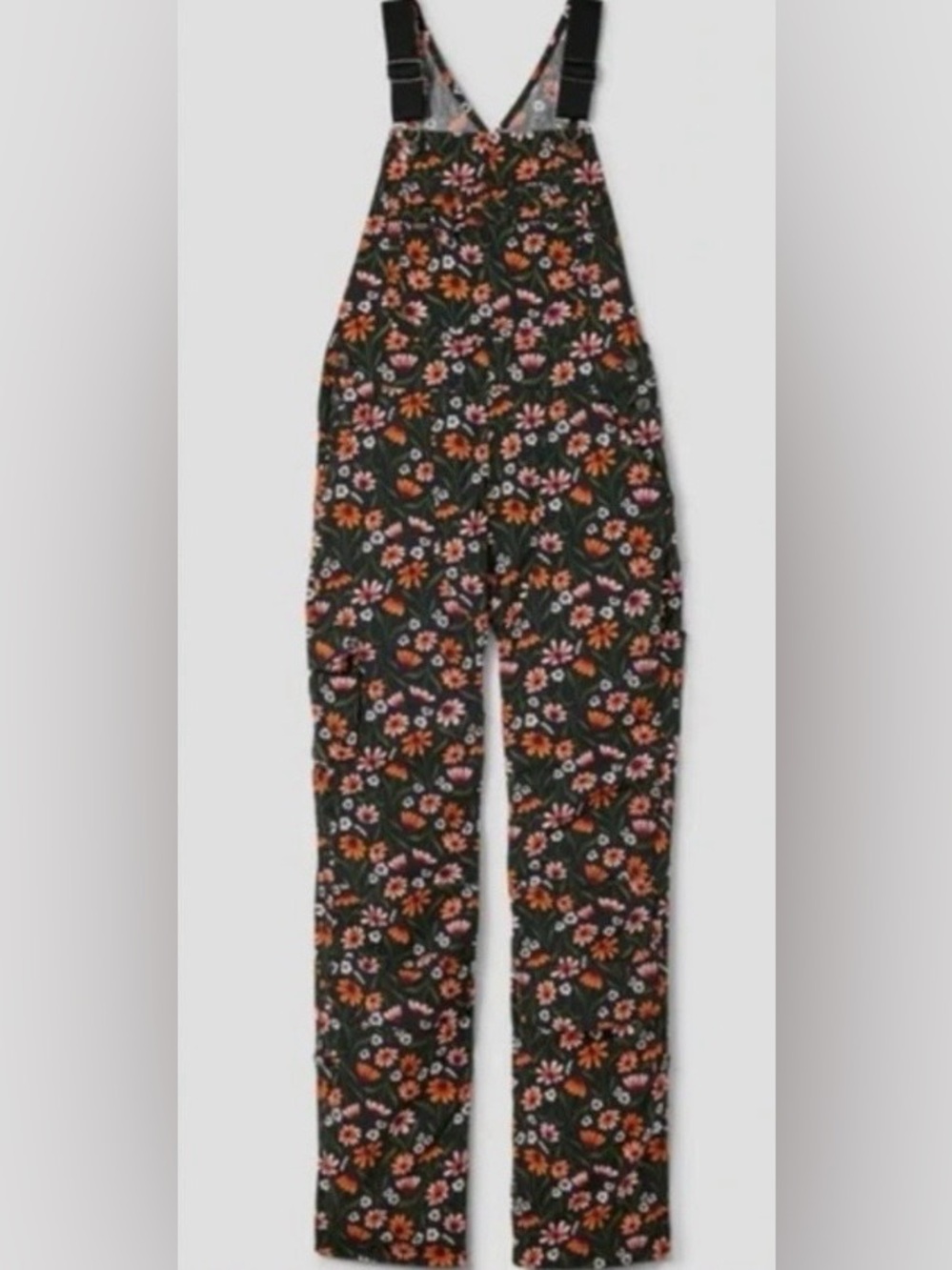 Duluth Trading Co heirloom gardening bib overalls in black coneflower print
